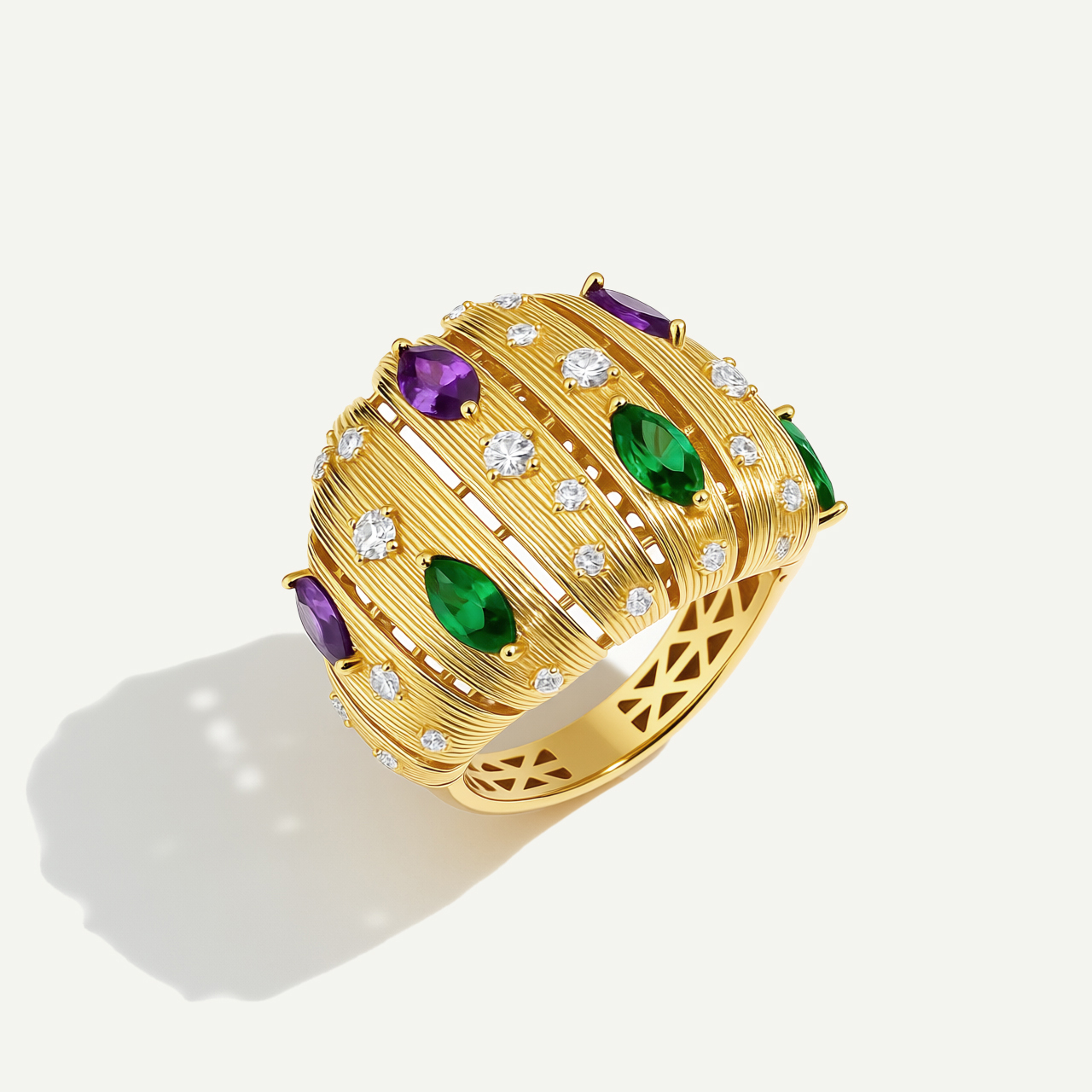 14 Ayar Altın Fırçalı Yüzeyli Mor ve Yeşil Taşlı Yüzük