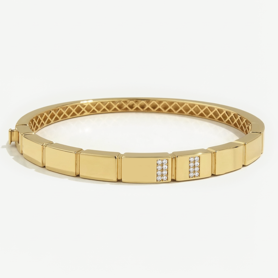 14 Ayar Altın Dikdörtgen Detaylı Taşlı Kelepçe