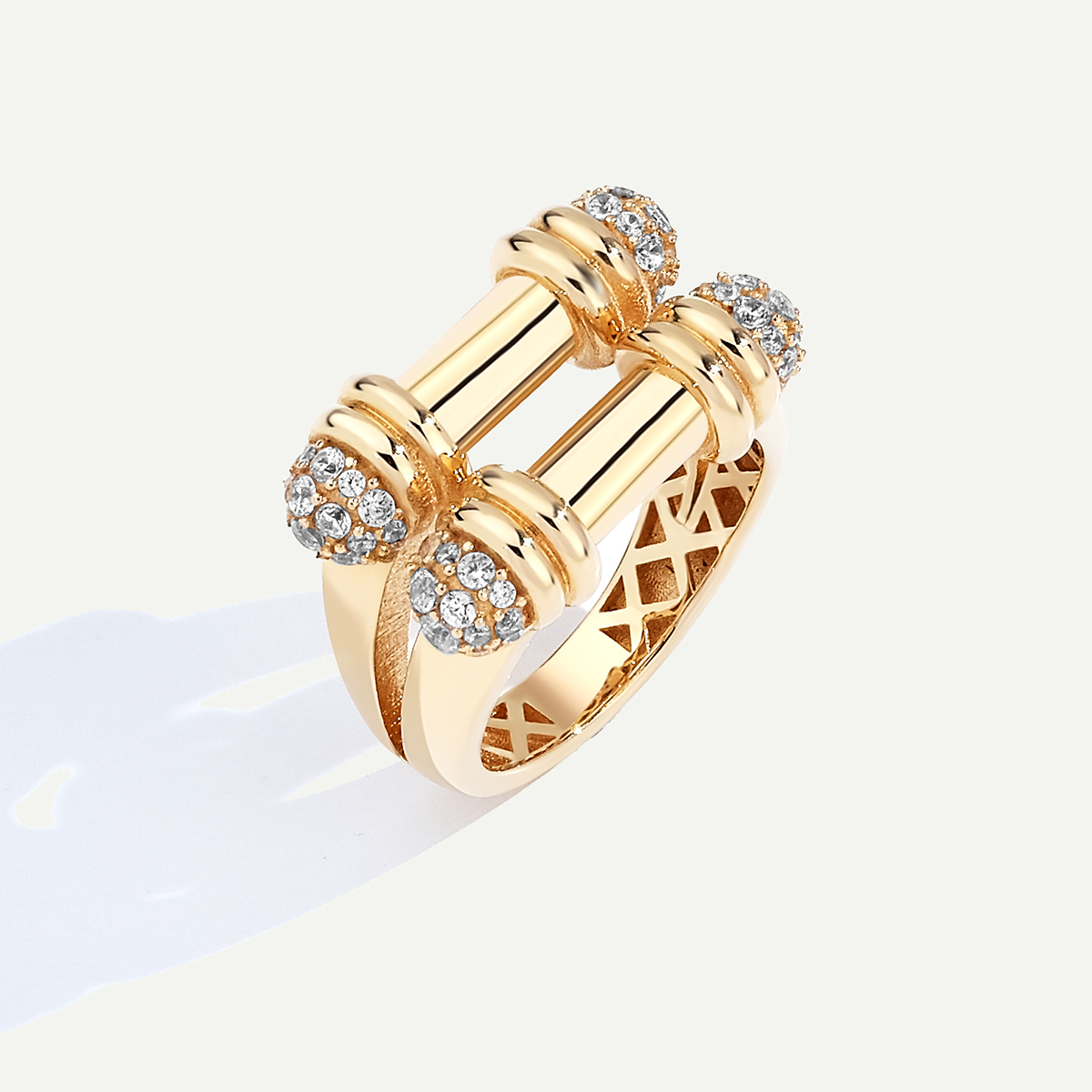 Vega 14 Ayar Altın İkili Silindir Formlu Taşlı Yüzük